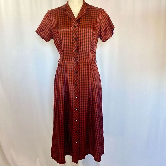 Rare Vintage 1950s Red Plaid Button Up Midi Dress Women’s Small Retro - Picture 1 of 12